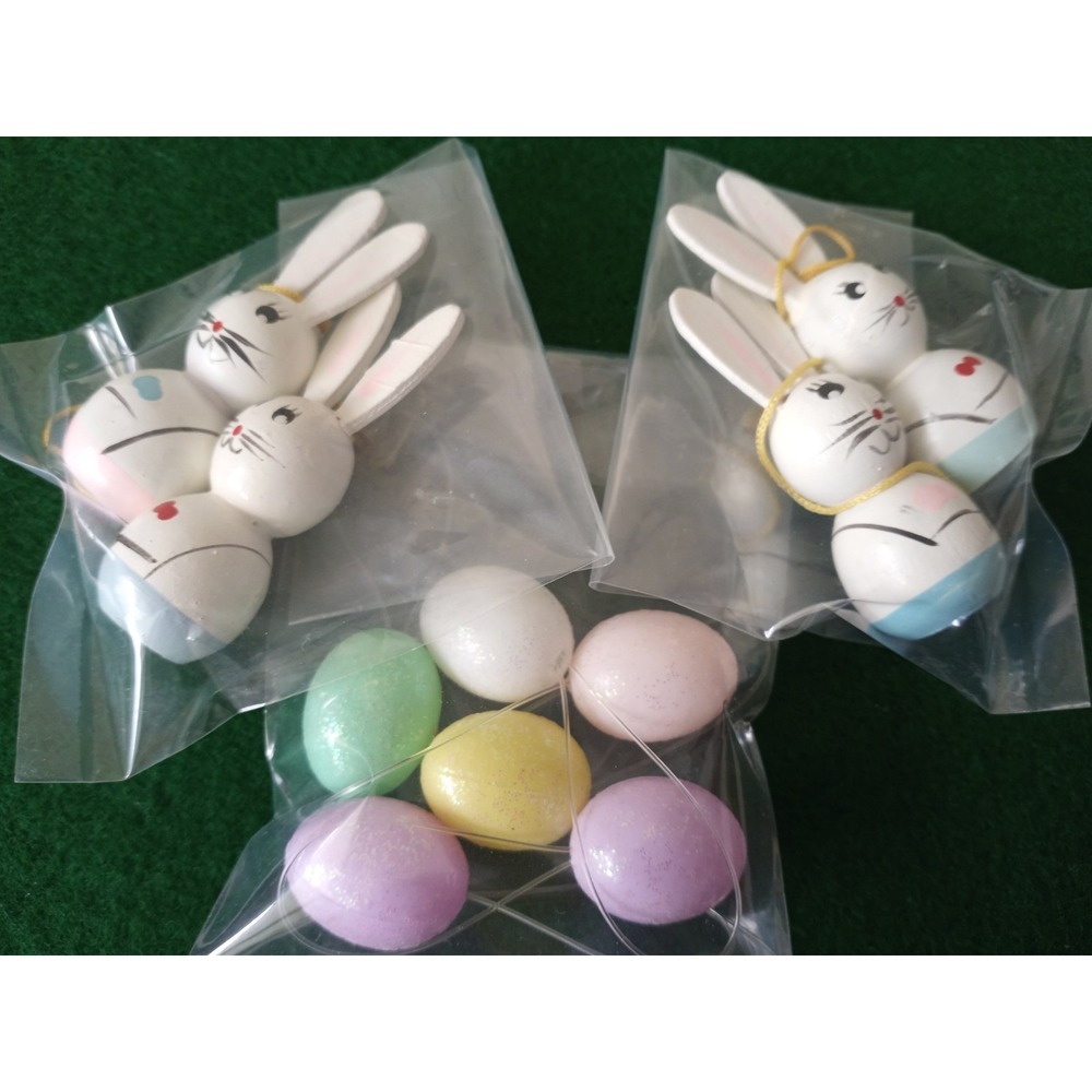 10 Mini Easter Ornaments - 4 Wood Painted Bunny Rabbits & 6 Plastic Glitter Eggs